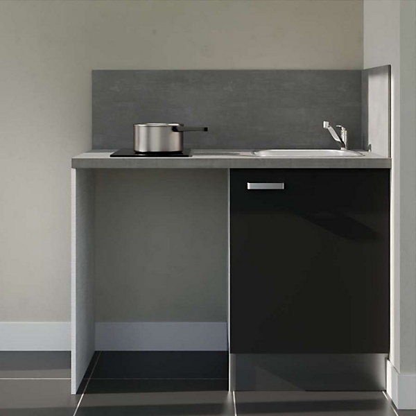 Kitchenette K08 - 120 cm - Façades : Noir - Plan de travail : Gris béton - Crédences : Oui - Evier Inox