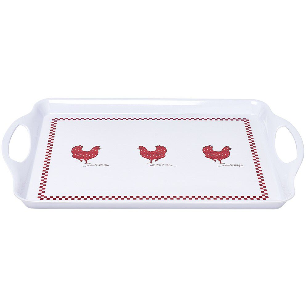 Plateau rectangulaire design poule mélaminé rouge et blanc