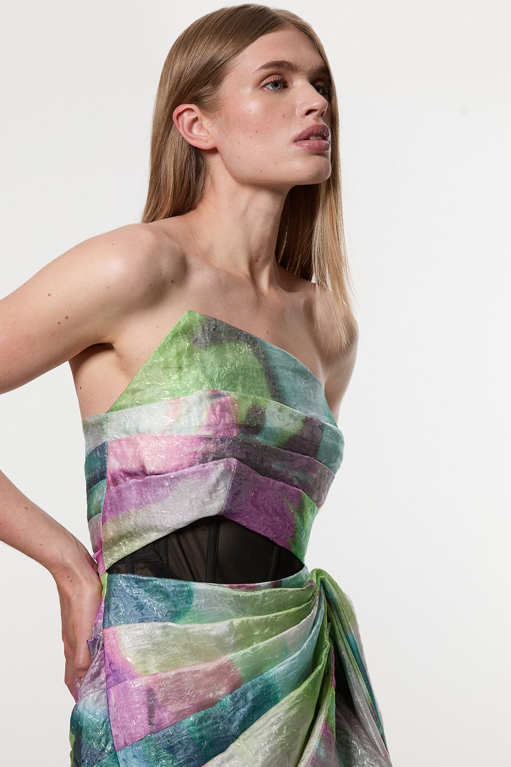 KarenMillen Digital Ophelia Printed Organza Fishtail Corset Maxi Dress