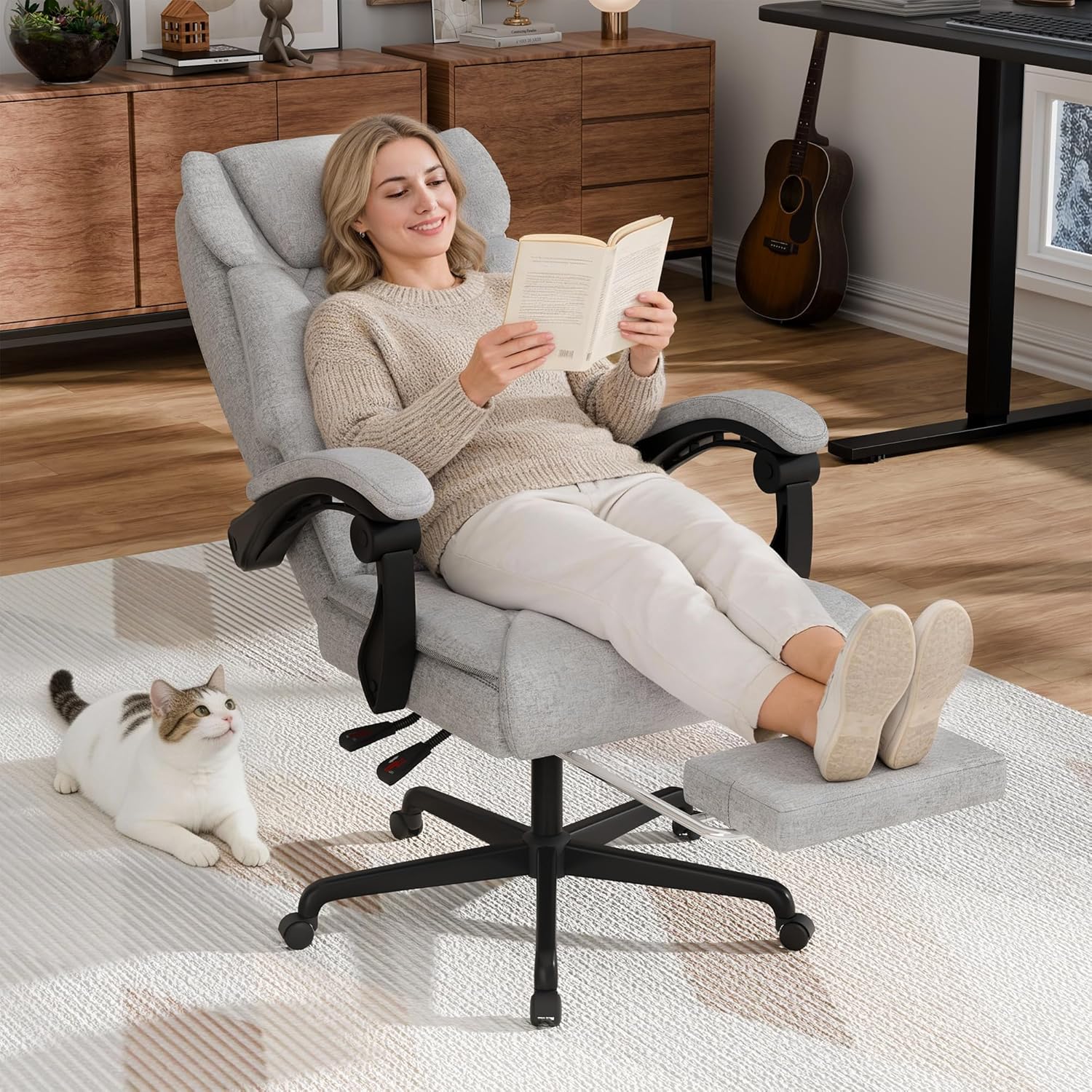 Furmax Massage Office Chair with Foot Rest 6 Points Vibration 400LBS Big and Tall Office Chair for Heavy People High Back Reclining Executive Computer Chair for Home Office Desk (Grey)
