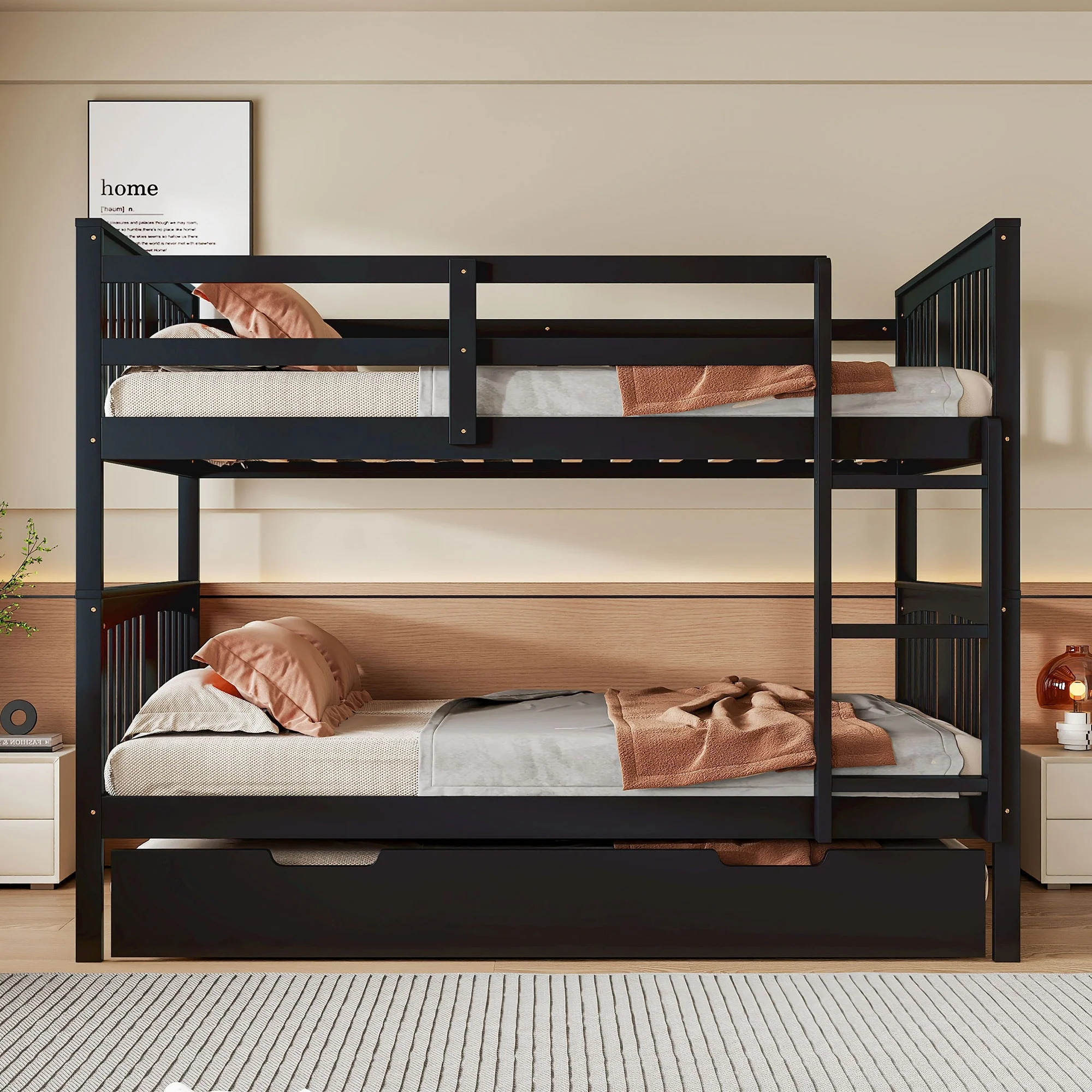 Full over Full Bunk Bed with Twin Size Trundle and Ladder