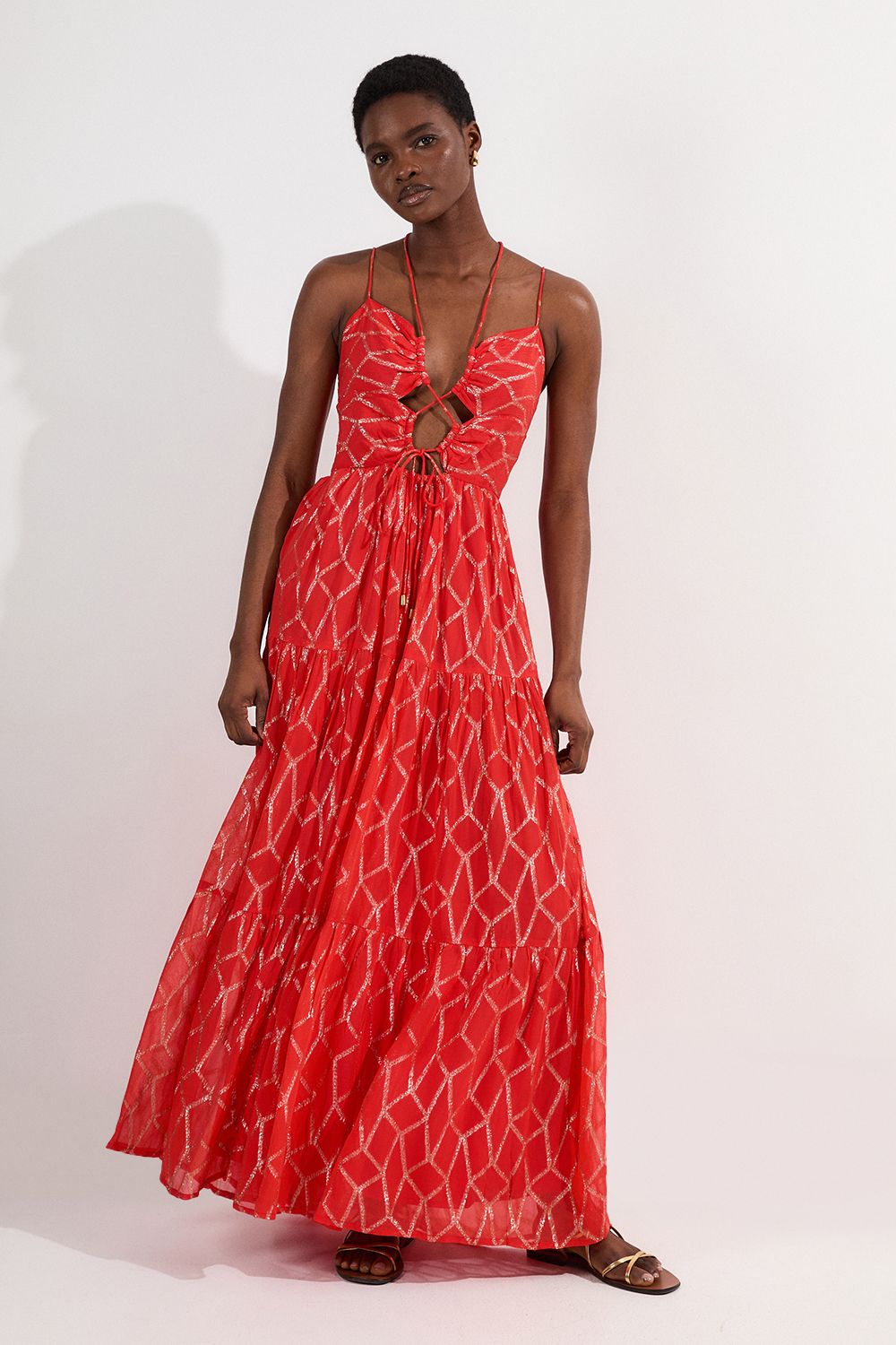 KarenMillen Petite Viscose Sparkle Tie Detail Tiered Skirt Woven Maxi Dress