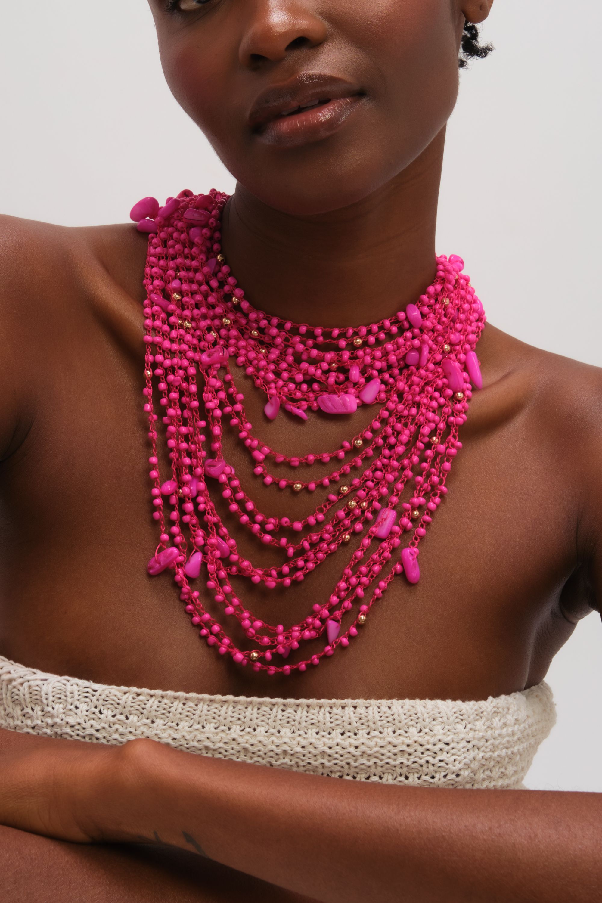 Mood Pink Beaded Statement Multirow Necklace