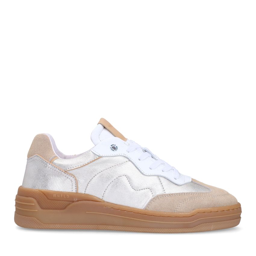 Manfield Zilveren leren sneakers met beige suède details