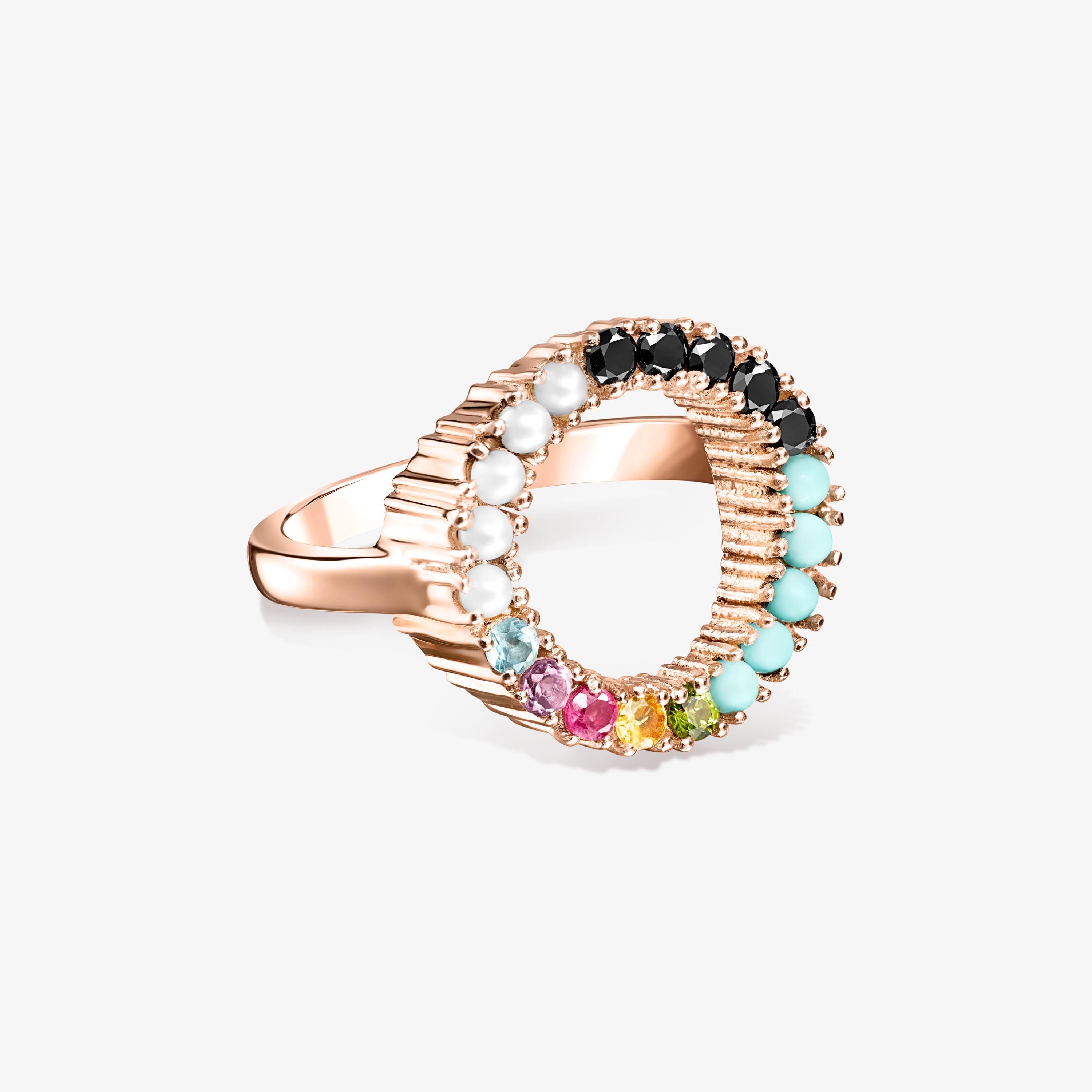Anillo disco de plata vermeil rosa con gemas multicolor Straight