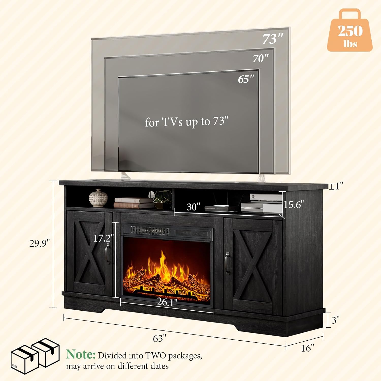 AMERLIFE 63 Farmhouse TV Stand with 26 Fireplace, for TVs up to 73, Entertainment Center with Adjustable Shelf & Barn Doors, TV Console Cabinet for Living Room, Antique Black & Oak