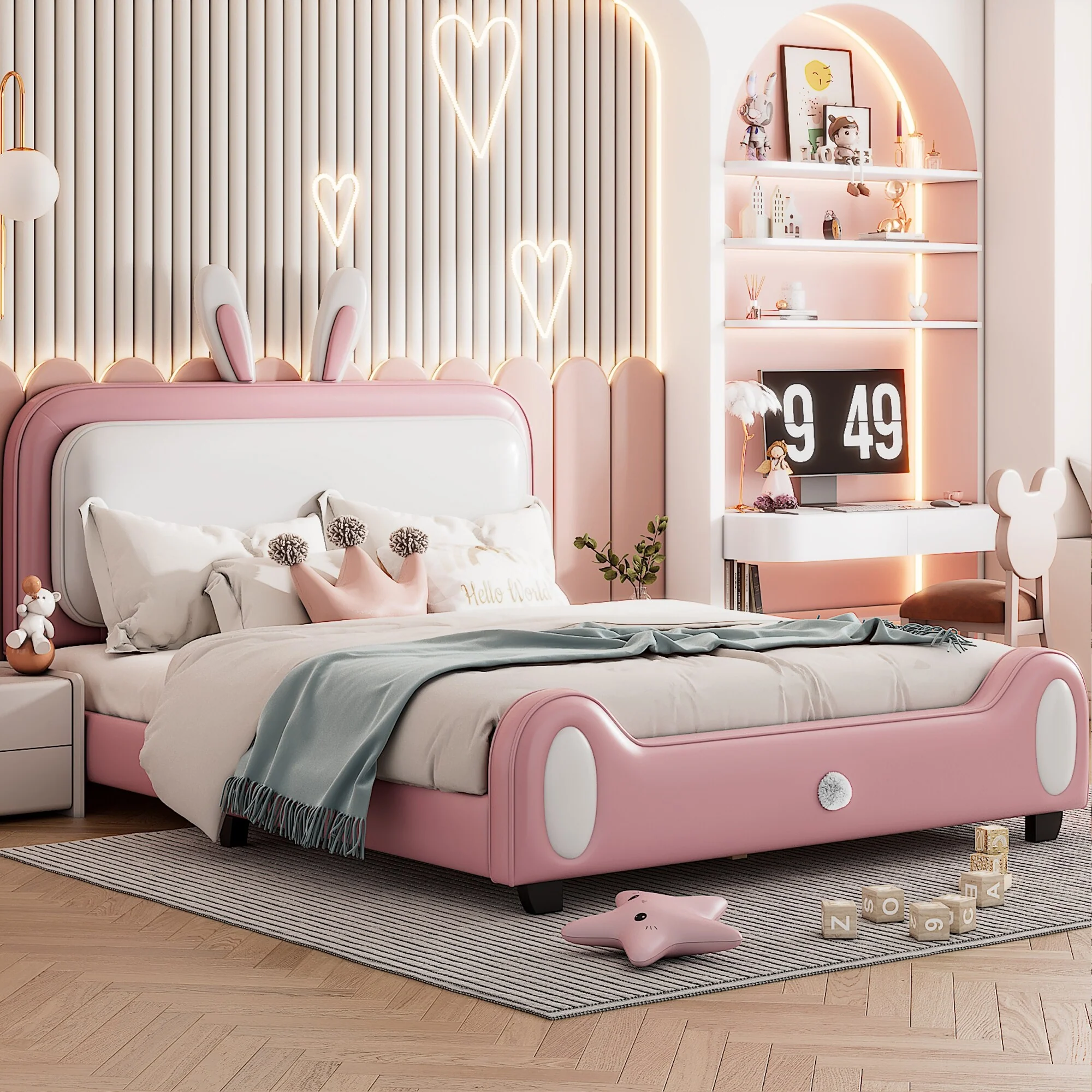 Charming Rabbit Design Full Platform Bed with PU Upholstery and Sturdy Frame
