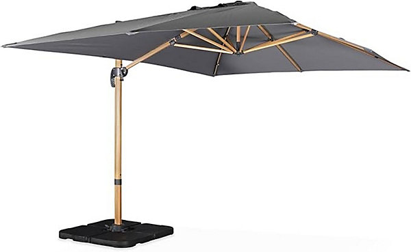 Parasol déporté rectangulaire gris 3x4m. mât effet bois   Dalles à lester 50x50cm
