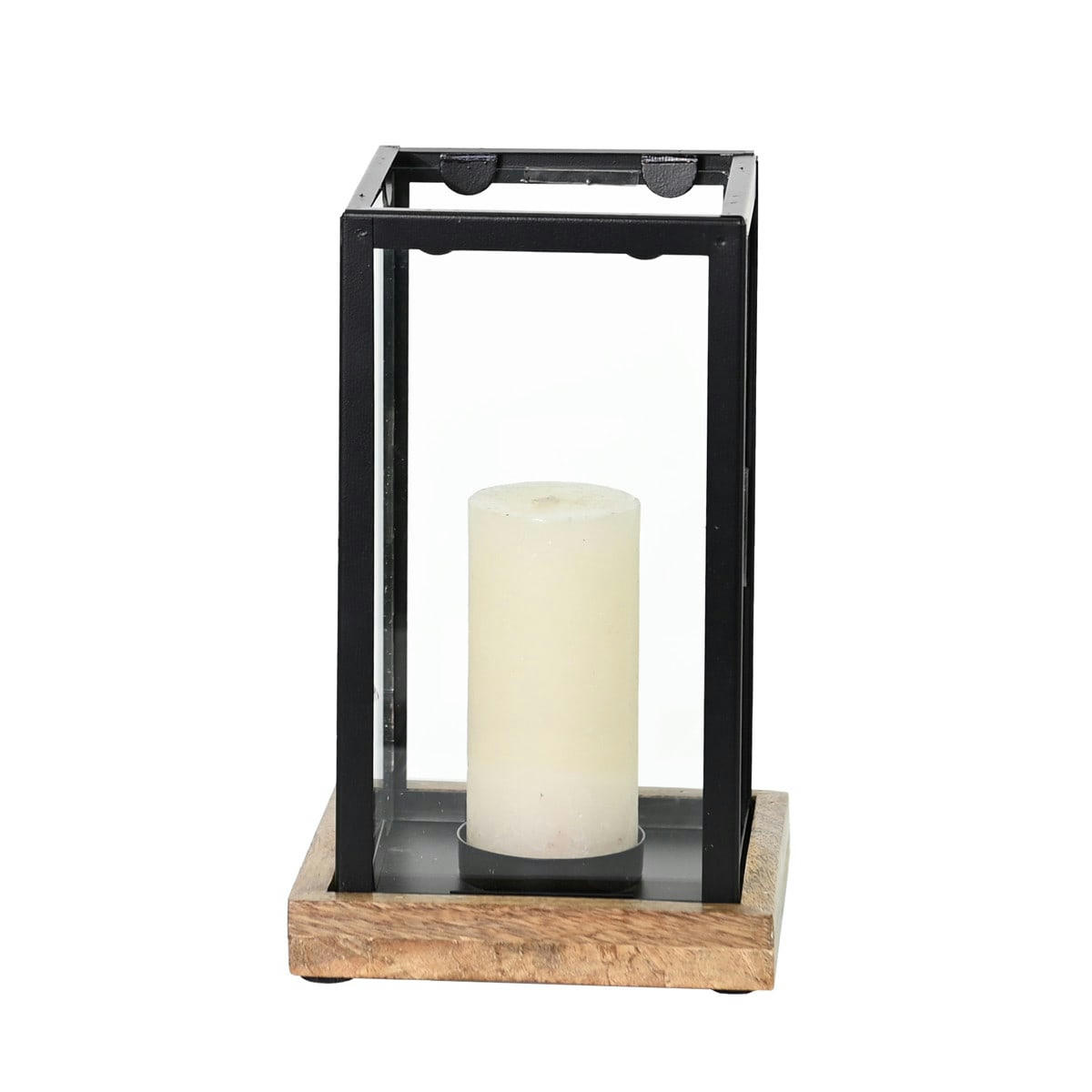 KANDAVA BLACK - Photophore métal socle en bois 11x20 cm