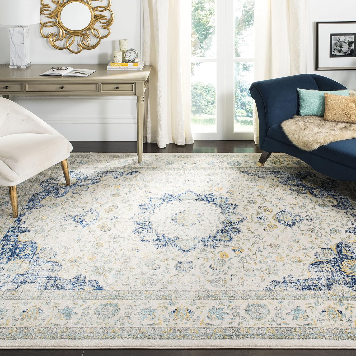 SAFAVIEH Area Rug 9x12 - Evoke Collection - Large - Ivory & Blue, Shabby Chic Oriental Medallion Design, Non-Shedding & Easy to Clean, Ideal for Living Room, Bedroom, Dining Space (EVK220C)