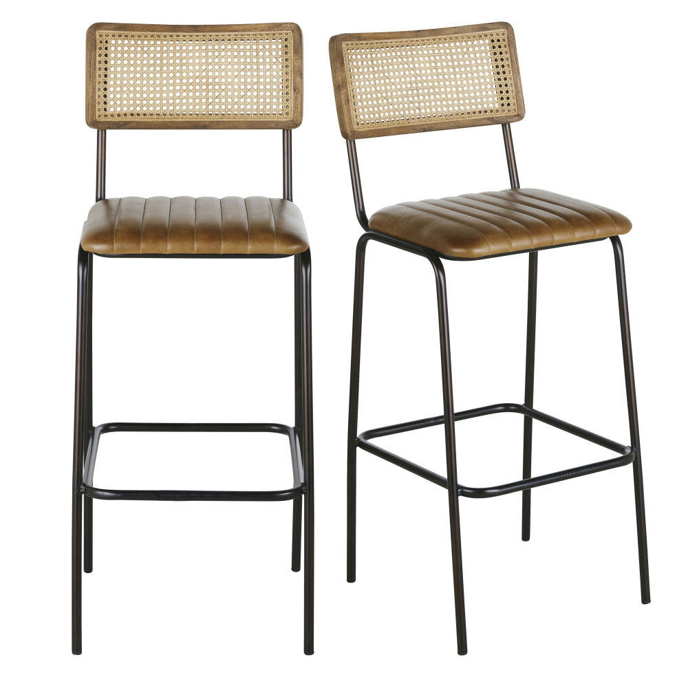 Dalston Business - Chaises de bar professionnelles en cuir marron, métal noir et cannage en rotin (x2)