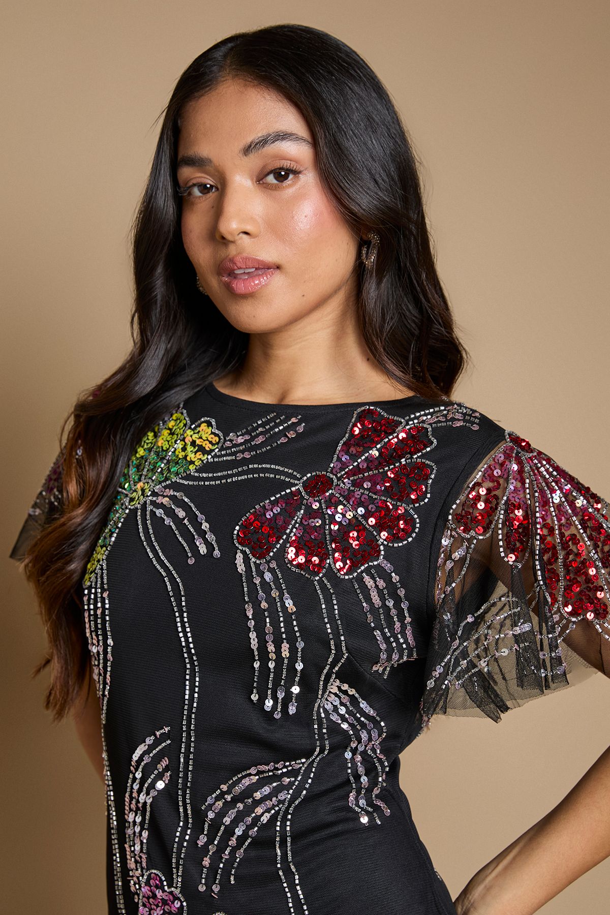 Oasis Petite Fan Floral Embellished Angel Sleeve Maxi Dress