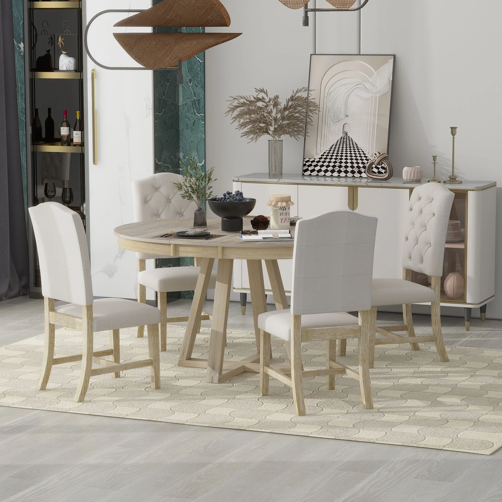 Natural 5-Piece Wooden Dining Table Set with Expandable Round Table & 4 Chairs