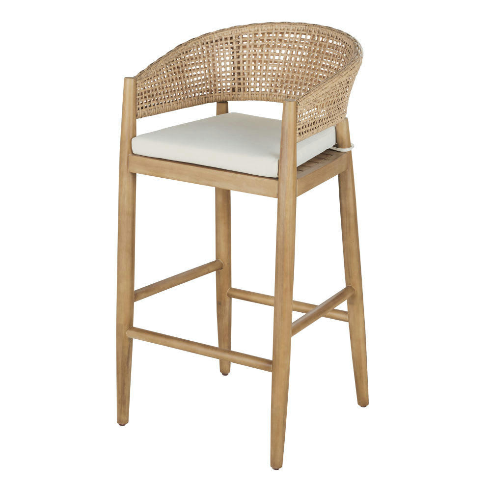 Bari Business - Fauteuil de bar de jardin professionnel en bois d'acacia massif, corde beige et coussin écru