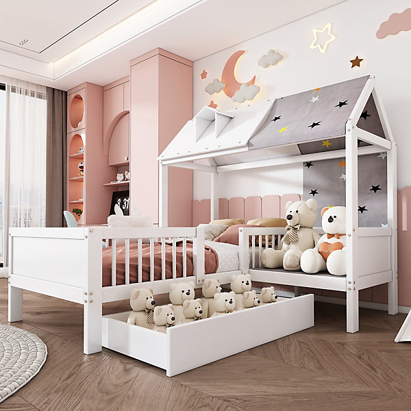 Lit Enfant 90x200 cm - Lit Simple en Bois avec Tiroir de Rangement - Blanc