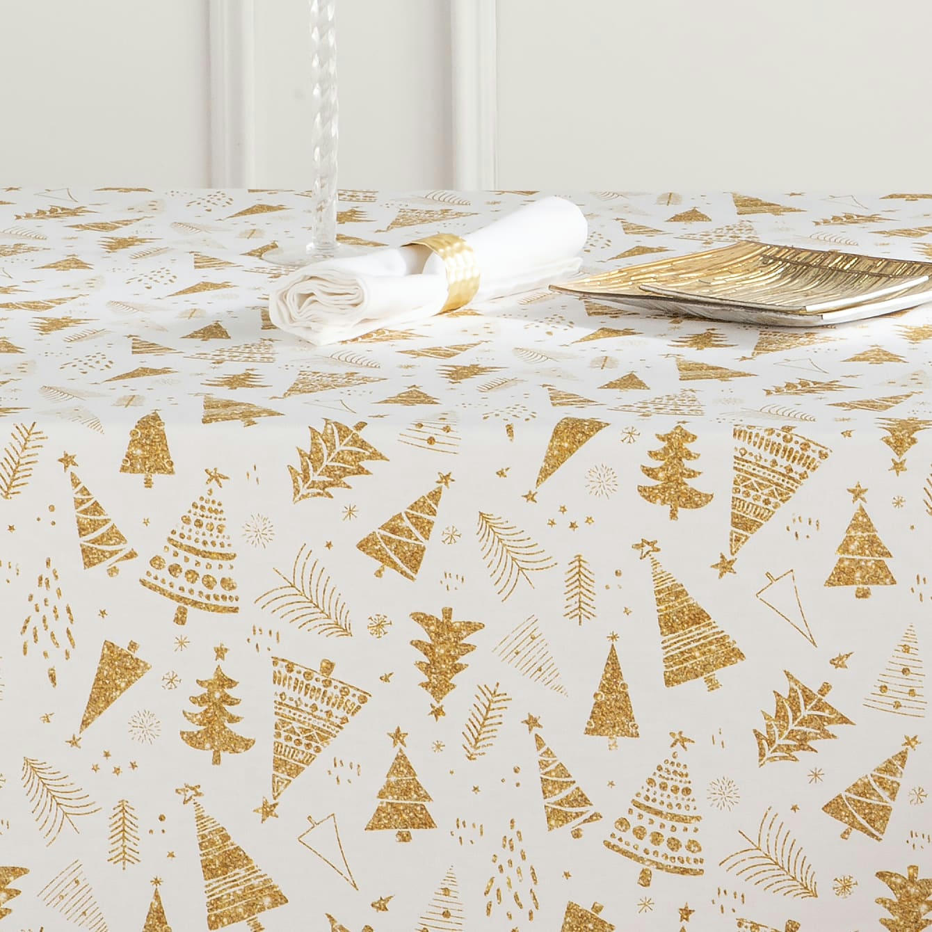 COLLECTION DE NOËL IMPRIMÉE - Nappe en coton antitâche dessin de nöel or 140x300 cm