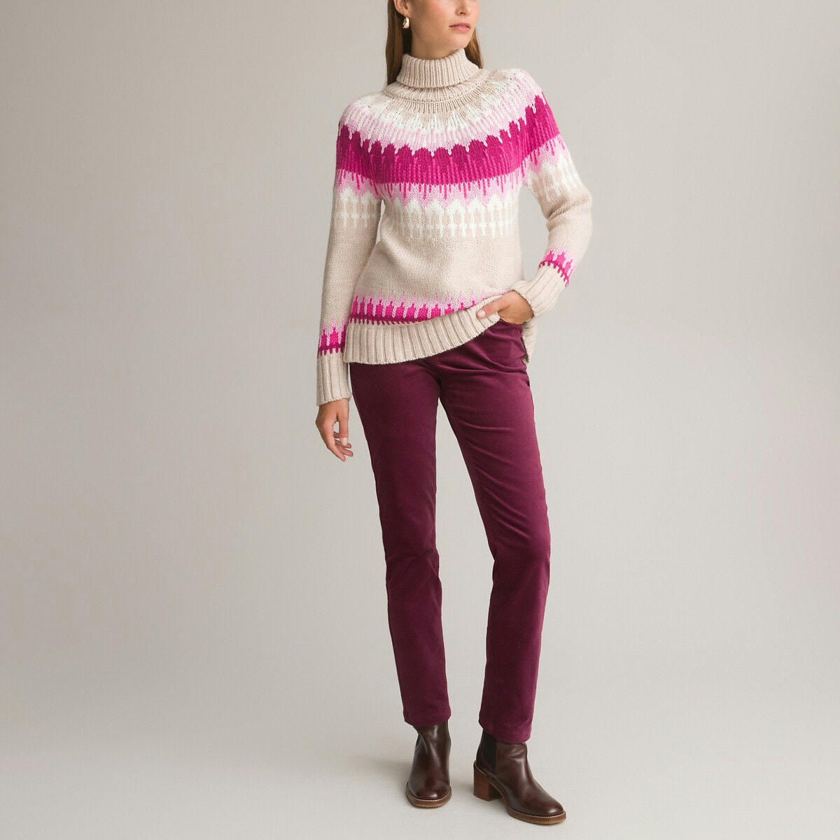 Pull jacquard, col roulé, en grosse maille