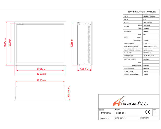 Amantii Smart 48&rdquo; Fireplace &ndash; includes a steel trim, glass inlay, 20 piece log set with remote and cord
