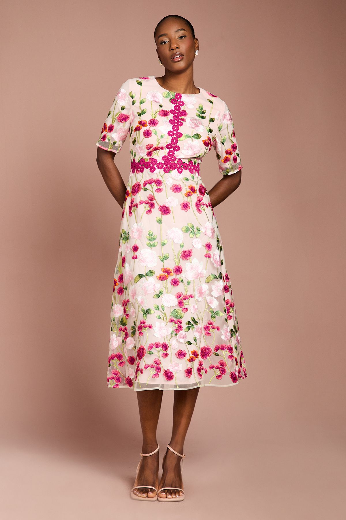 Coast Embroidered Floral With Laid On Lace Midi Dress