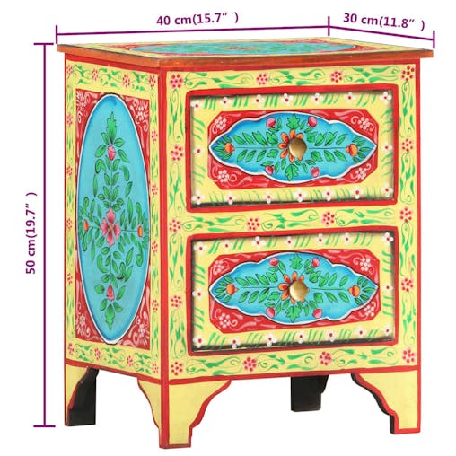 NNEVL Hand Painted Bedside Cabinet 40x30x50 cm Solid Mango Wood