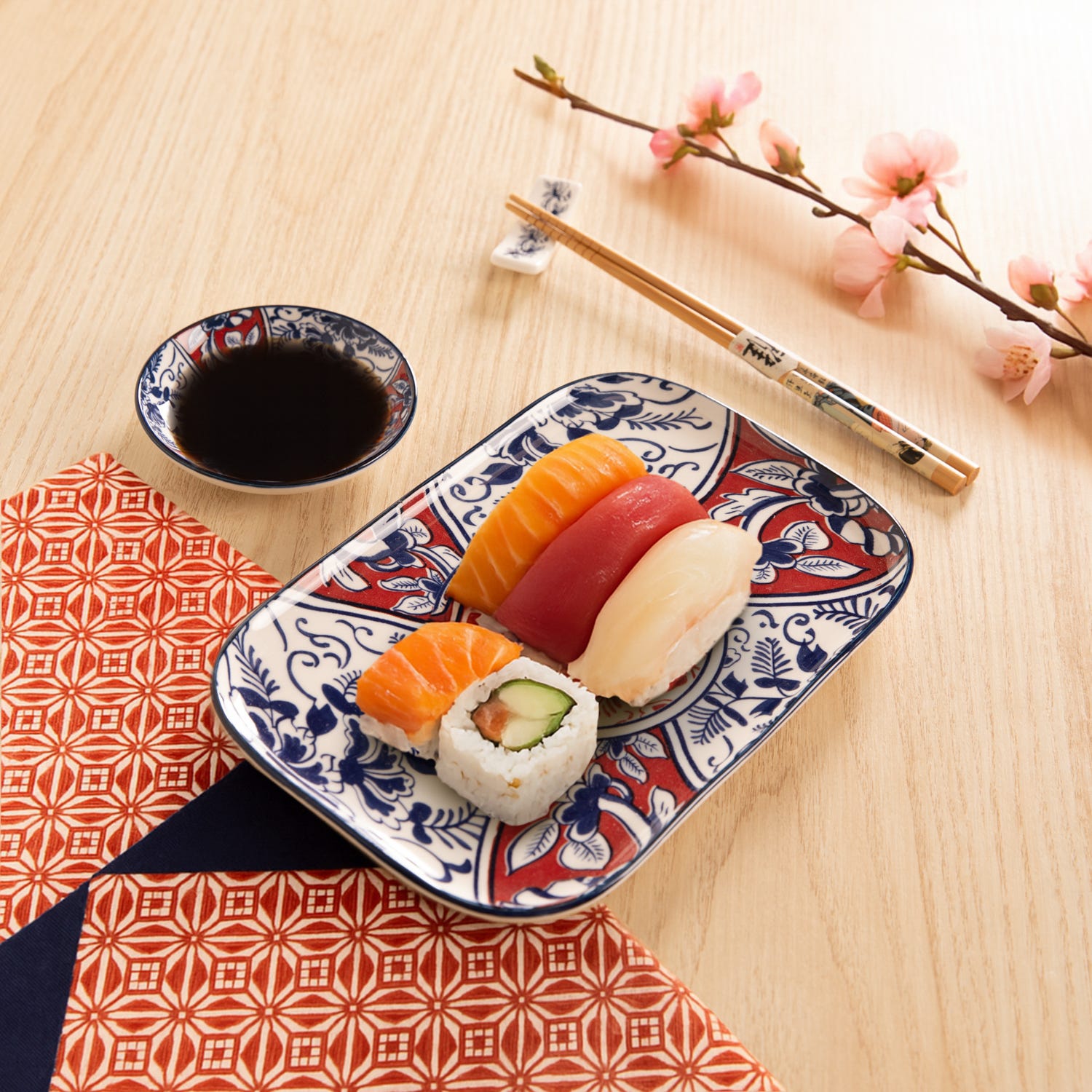 Set sushi 3 pezzi piattino rettangolare 23 cm rosso blu Sushiko