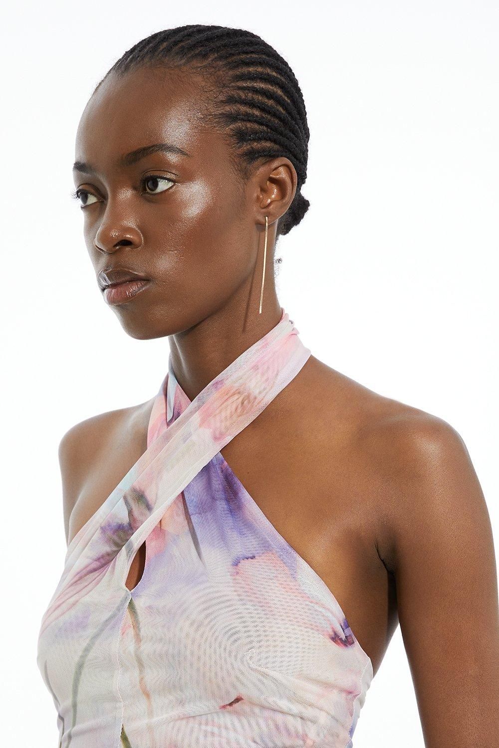 KarenMillen Printed Mesh Cross Neck Bodysuit