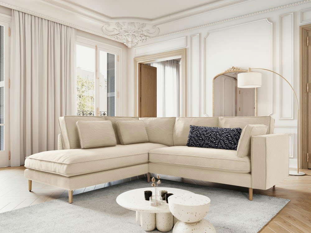 ALEXIS - Canapé d'angle 5 places en tissu structuré beige clair