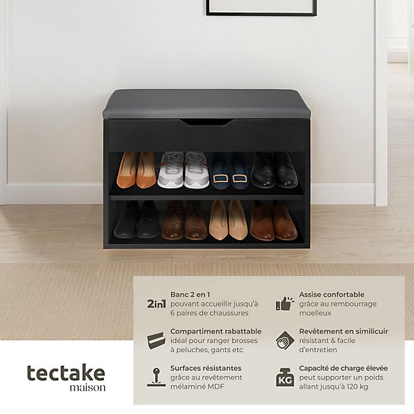 Banc à chaussures 6 paires panneau de fibres assise rembourrée noir