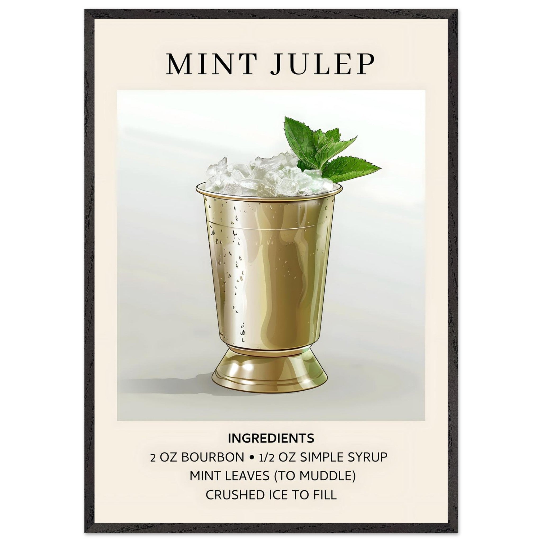 Artfulprints Poster met Lijst Mint Julep cocktail - Ingredients  - 70x100 cm - Grijs