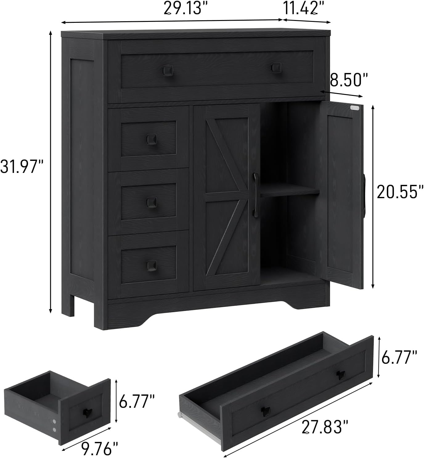 Vabches Farmhouse Storage Cabinet with 2 Doors and 4 Drawers, Freestanding Bathroom Storage Cabinet Kitchen Pantry, Floor Hutch Cupboard for Living Room/Bathroom/Kitchen,(Pure Black)