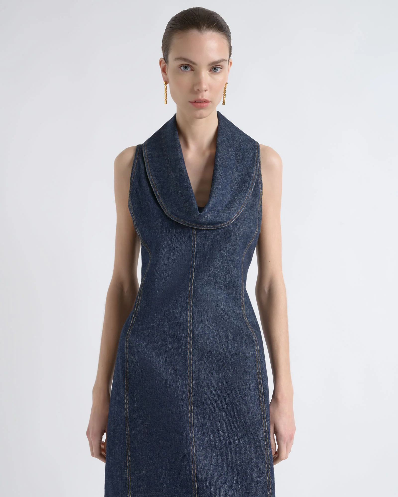 Denim Roll Neck Midi Dress