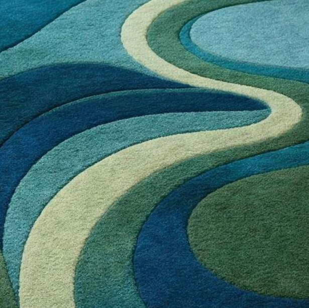Modern Abstract Blue Green Area Rug, Wavy Pattern Living Room Rug, Teal Contemporary Carpet