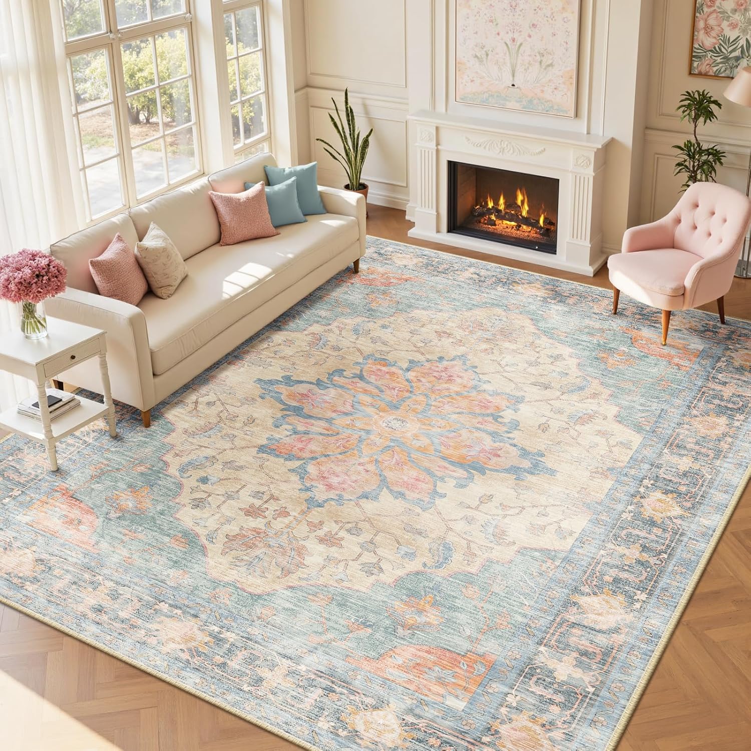 RELEANY Area Rugs 9'x12' Washable Non-Slip, Floral Vintage Distress Print Pattern Medallion Carpet for Living Room Bedroom Dining Room, Blue Orange Red