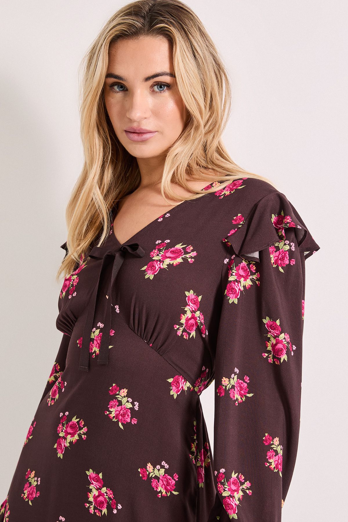 Dorothy Perkins Chocolate Ditsy Contrast Bow Detail Frill Printed Midaxi Dress