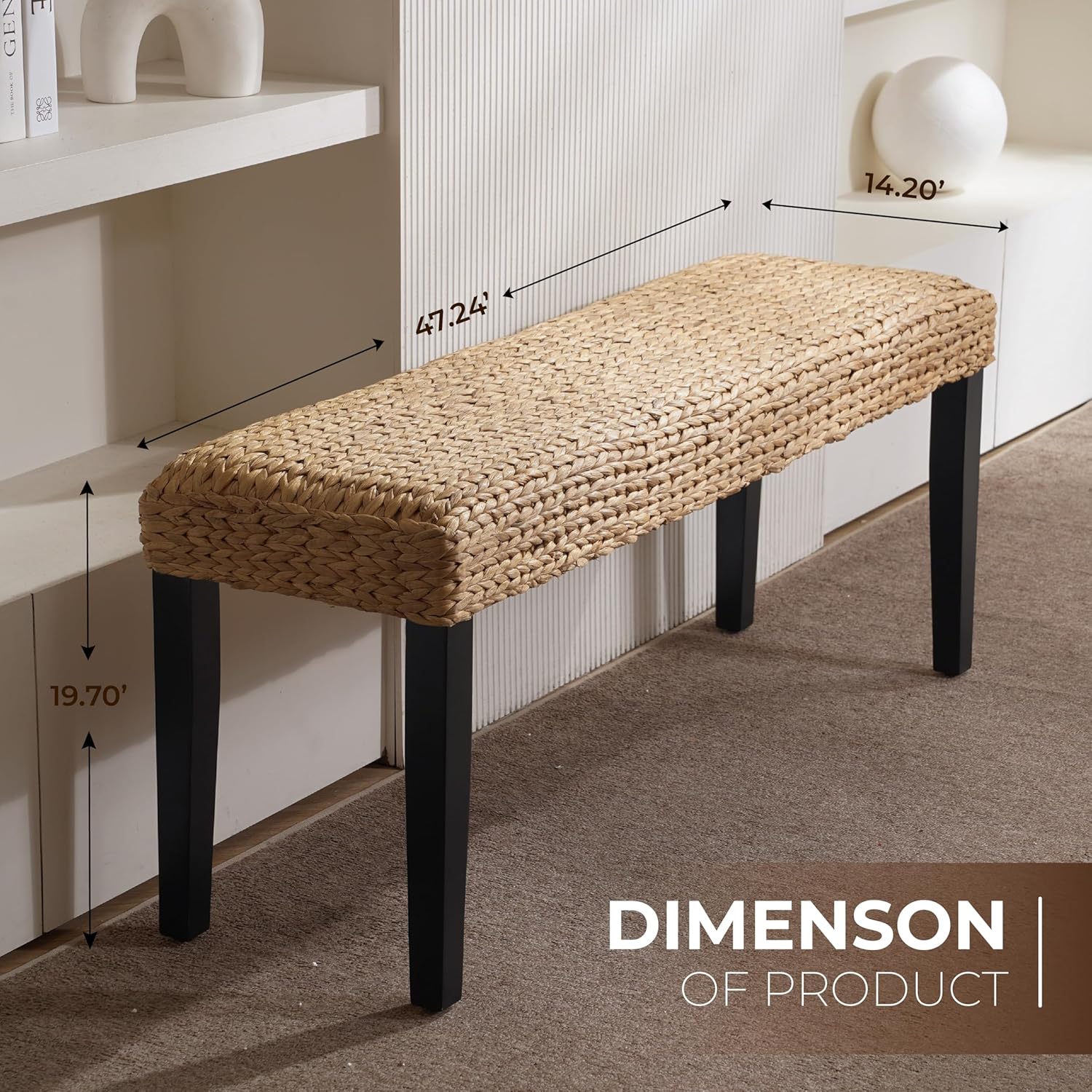 End of Bed Bench for Bedroom, 47 Entryway Bench with Solid Wood Acacia, Water Hyacinth Indoor Bench Seat, Boho Woven Bench for Living Room, Wicker Bench for Hallway or Kitchen, Wood Bench (Black Leg)