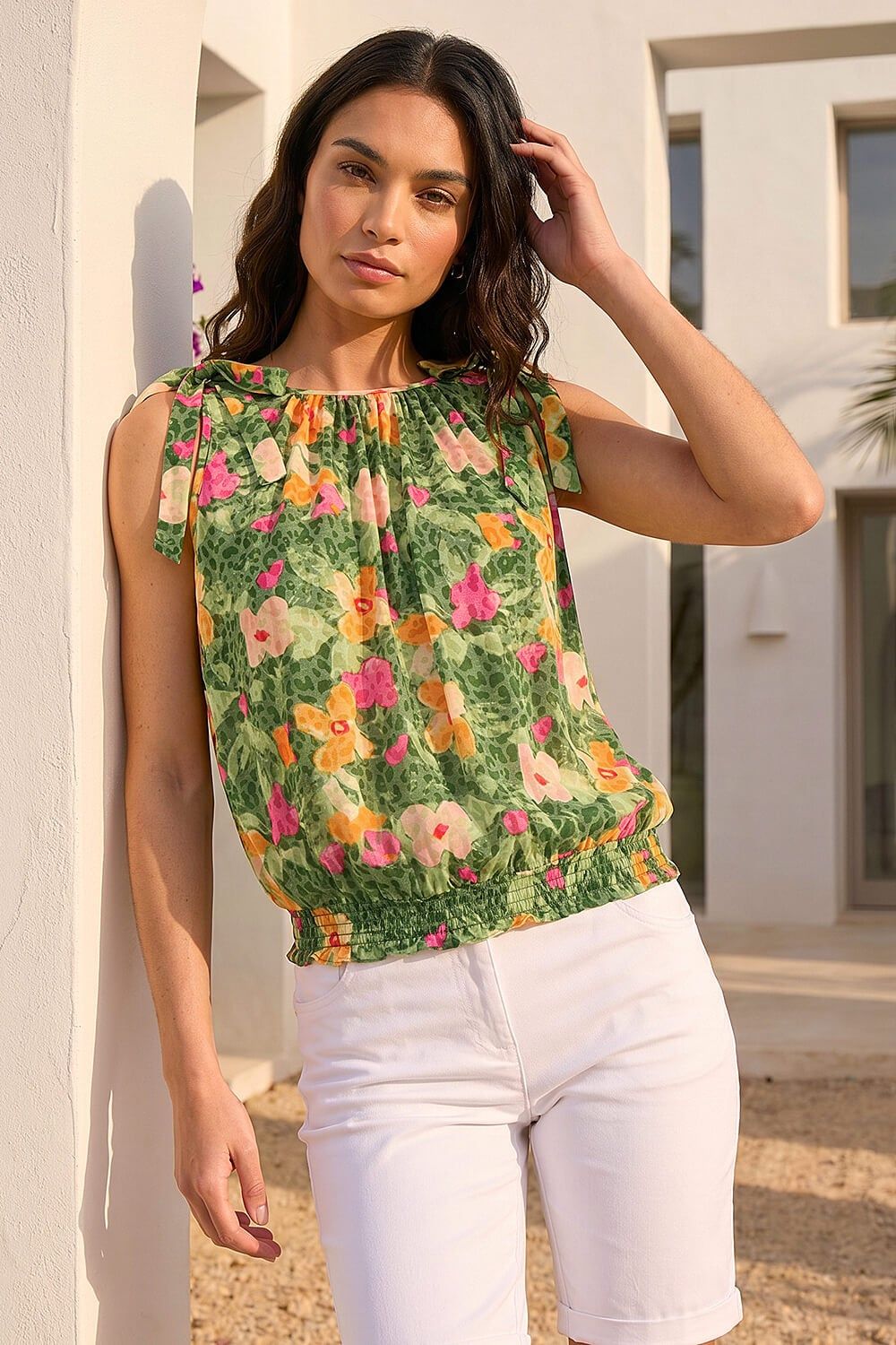 Roman Floral Print Bow Detail Top