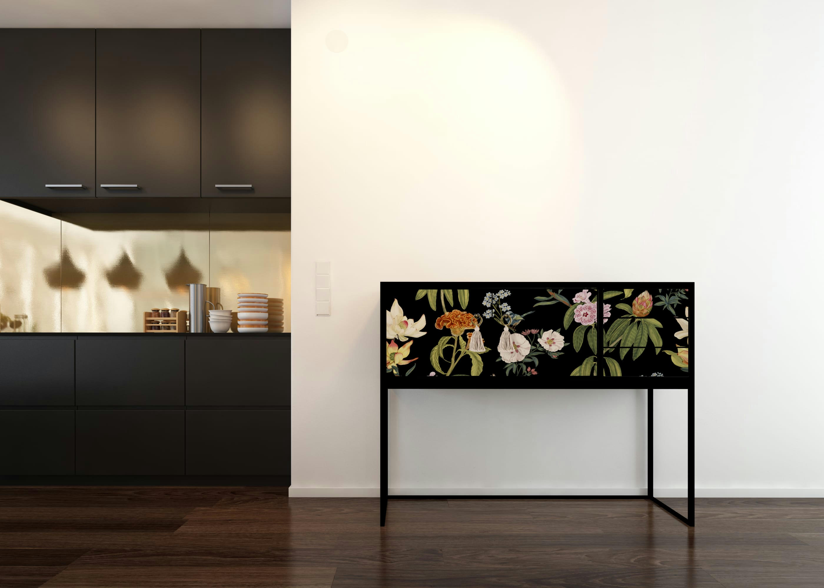 JARA - Console MDF laqué 2 portes 3 tiroirs imprimé floral fond noir