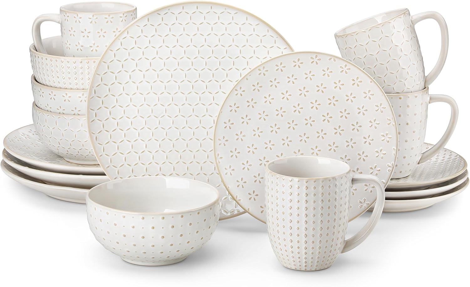 MALACASA 16 Pieces Dinnerware Sets, Modern Relief Design Plates and Bowls Sets, White Dish Set for 4, Kitchen Ceramic Dinner Plates Dishware Set, Microwave and Dishwasher Safe, Series LYDIA