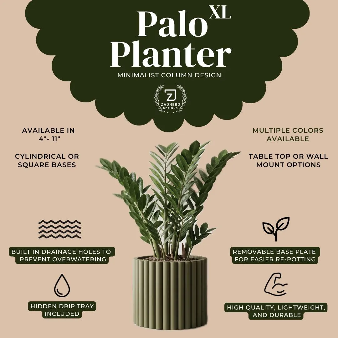 Modern 3D Printed Planter with Drainage & Drip Tray, 3D Printed Ribbed Plant Pot 4-11 Inch, Minimalist Fluted, 20 Colors, Palo XL Series