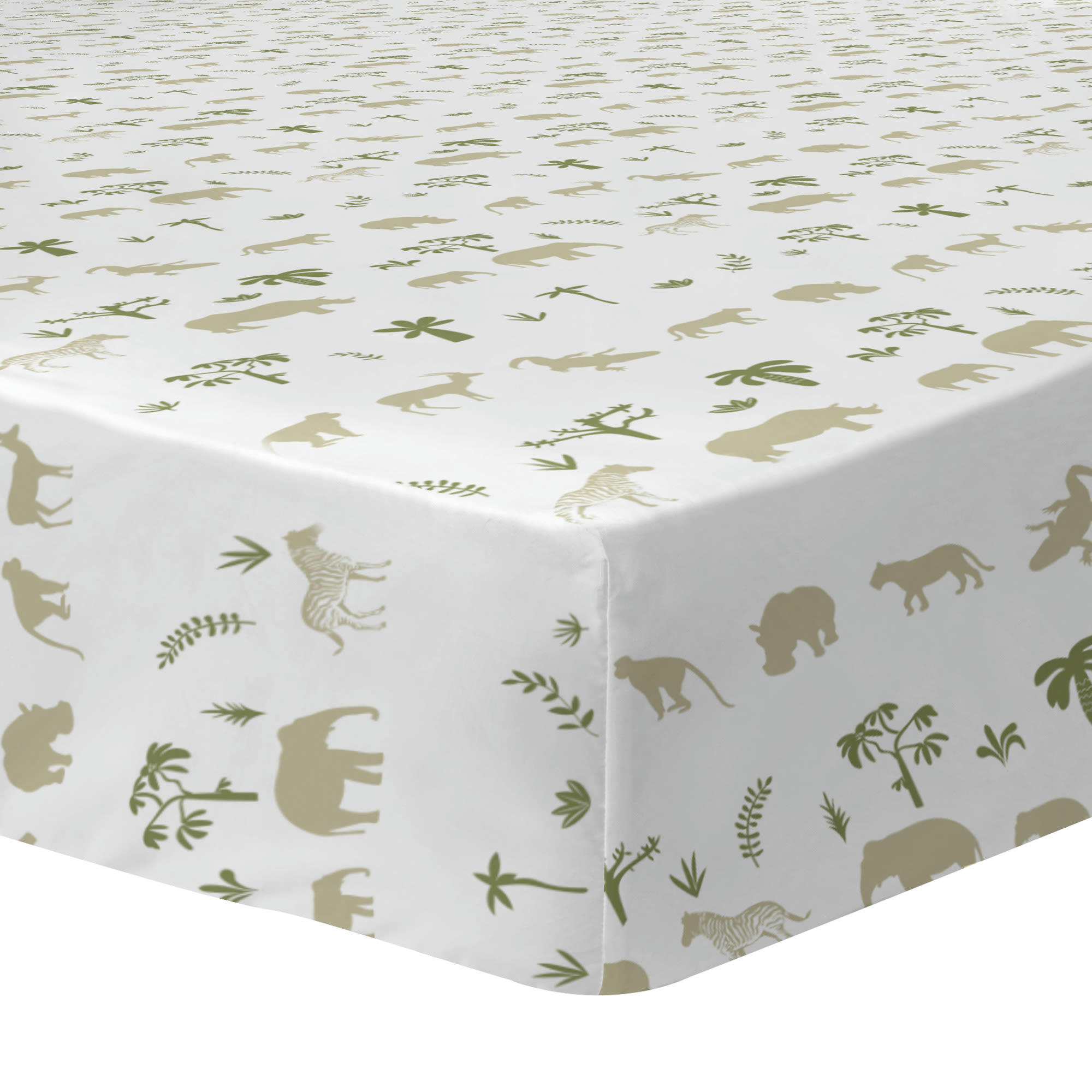 SAFARI - Drap-housse imprimé en coton Kaki, Blanc 90x190/200cm - Bonnet 30cm