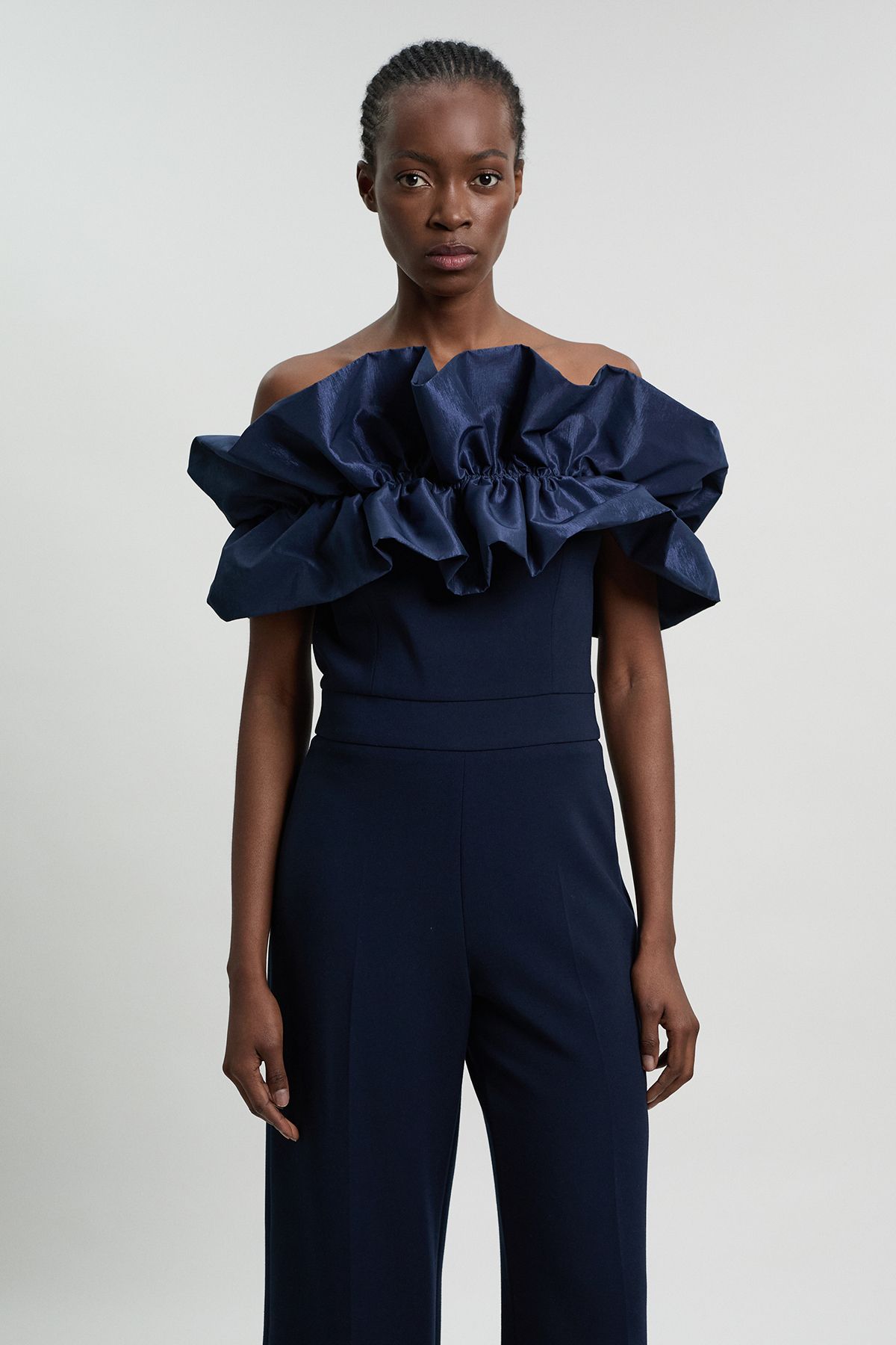 KarenMillen Tafetta Ruffle Bardot Jumpsuit