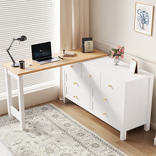 Bureau d'Angle 120x40x70 cm - Buffet avec Bureau 2-en-1, 7 Tiroirs, Plateau Pivotant, Rangement Latéral - Blanc/Naturel