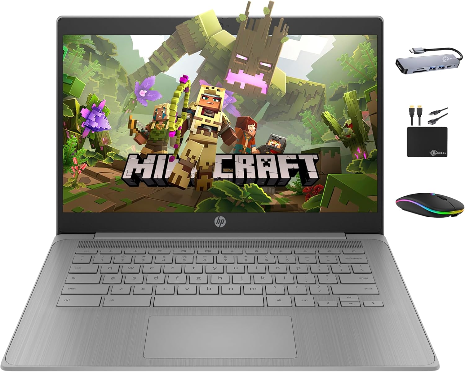 HP Chromebook 14 HD Premium Laptop Computer for Student Business  Quad-Core Celeron N4120 Processor  4GB RAM  564GB Storage (64GB eMMC + 500GB Ext)  Webcam  Long Battery  Chrome OS +MarxsolAccessory