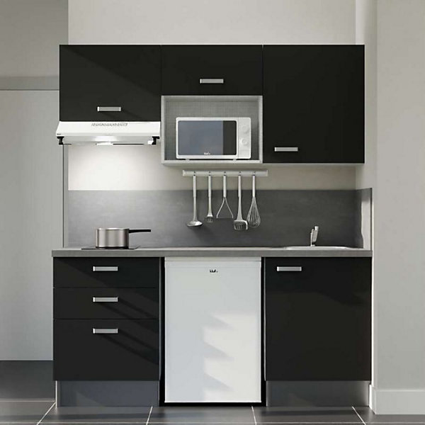 Kitchenette K20 façades Noir - Plan de travail Gris béton - Crédences : Oui - Evier inox - Electroménager Blanc inclus