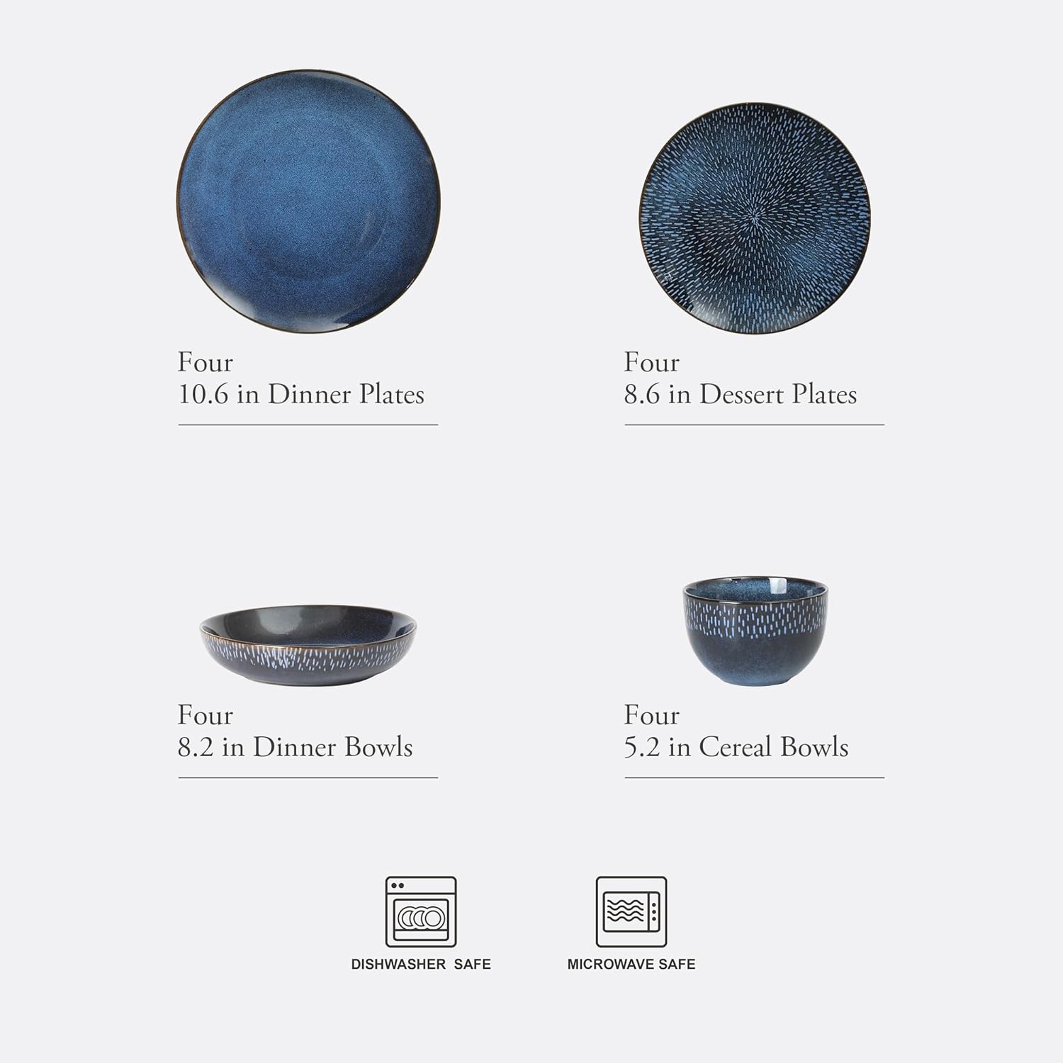 Gibson Elite Matisse 16-Piece Dinnerware Set – Double Bowl Reactive Glaze Cereamic Stoneware in Blue – Plates and Bowls Sets for 4, Microwave & Dishwasher Safe, Rustic Modern Design