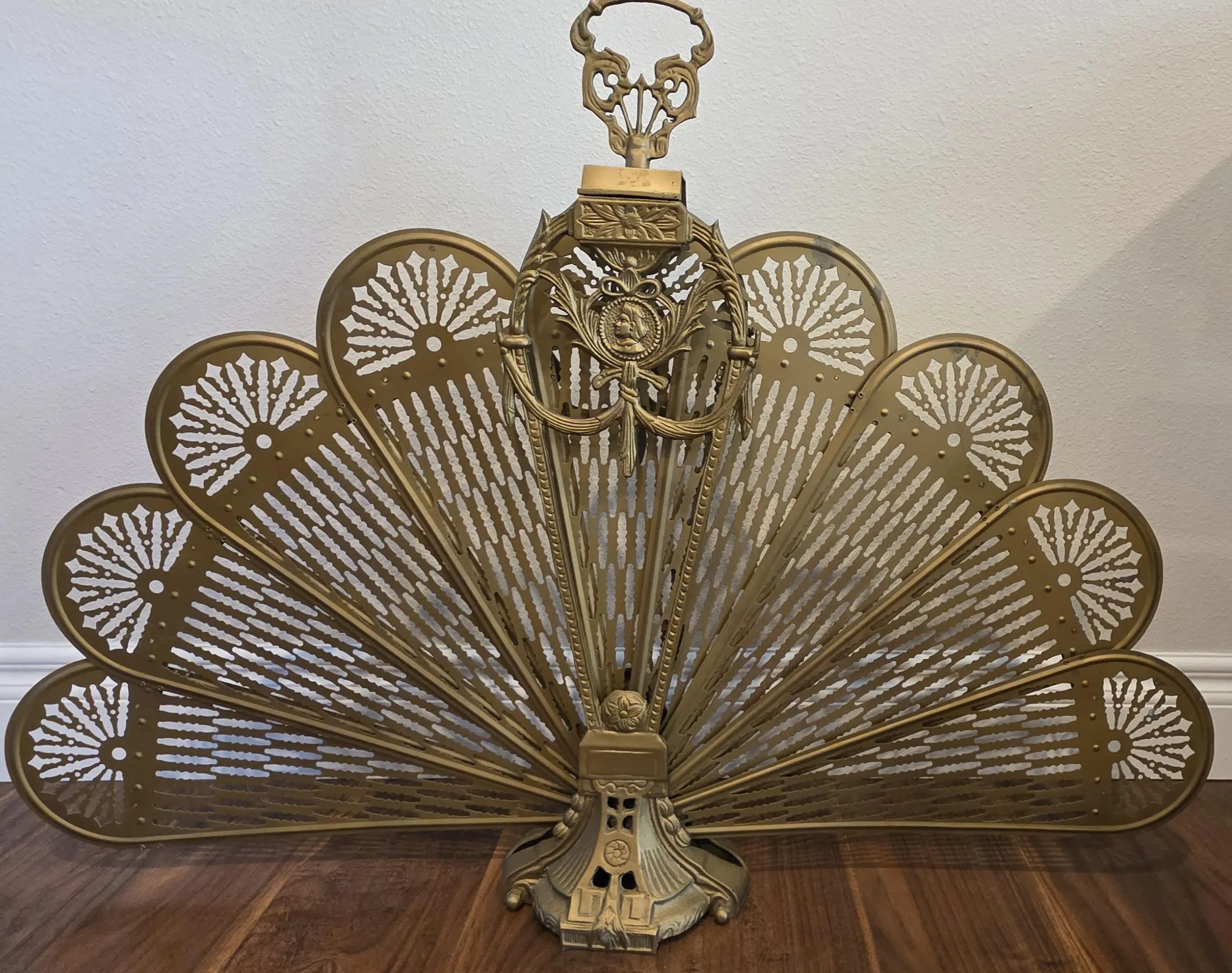 Antique Victorian Brass Peacock Fan Fireplace Screen
