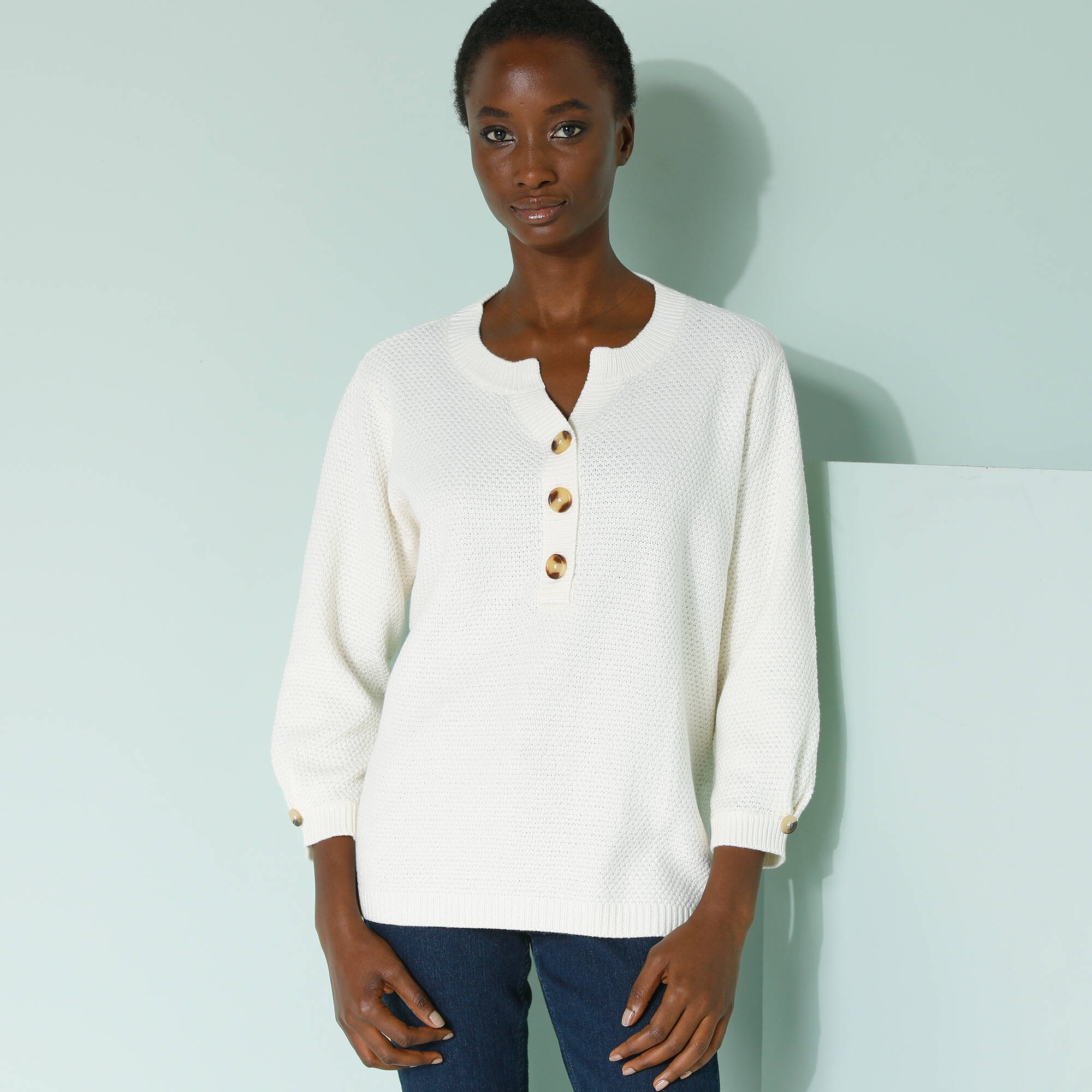 Pull col tunisien manches 3/4, maille fantaisie