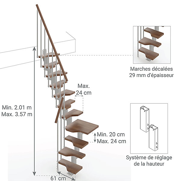 Escalier 1 quart tournant 13 marches - Hauteur à franchir de 2.81 à 3.33m - Largeur 61cm - Couleur noyer et gris -