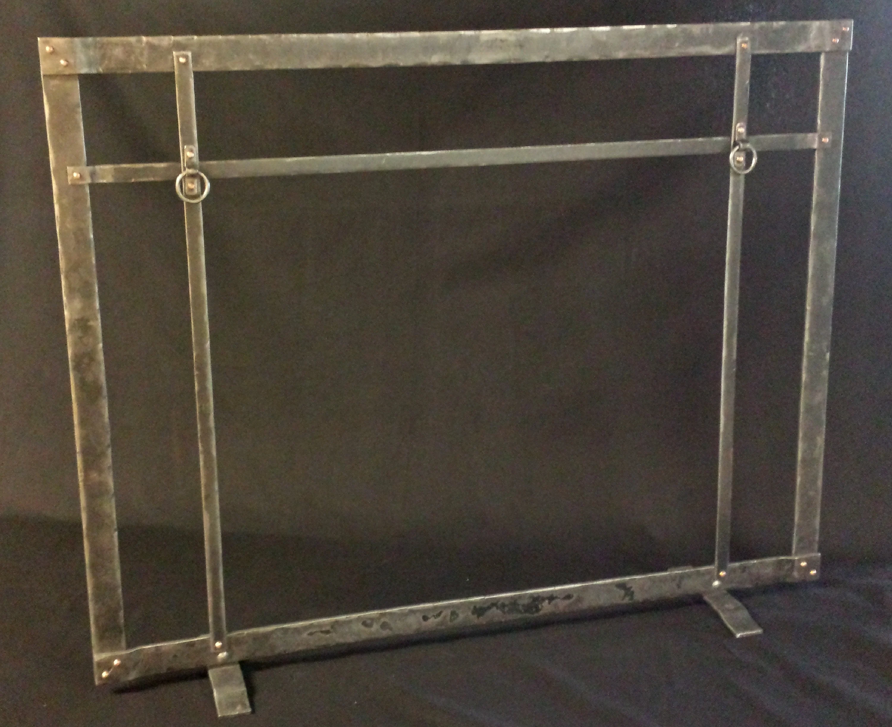 Fireplace screen freestanding craftsman mission style handmade forged iron copper rivets