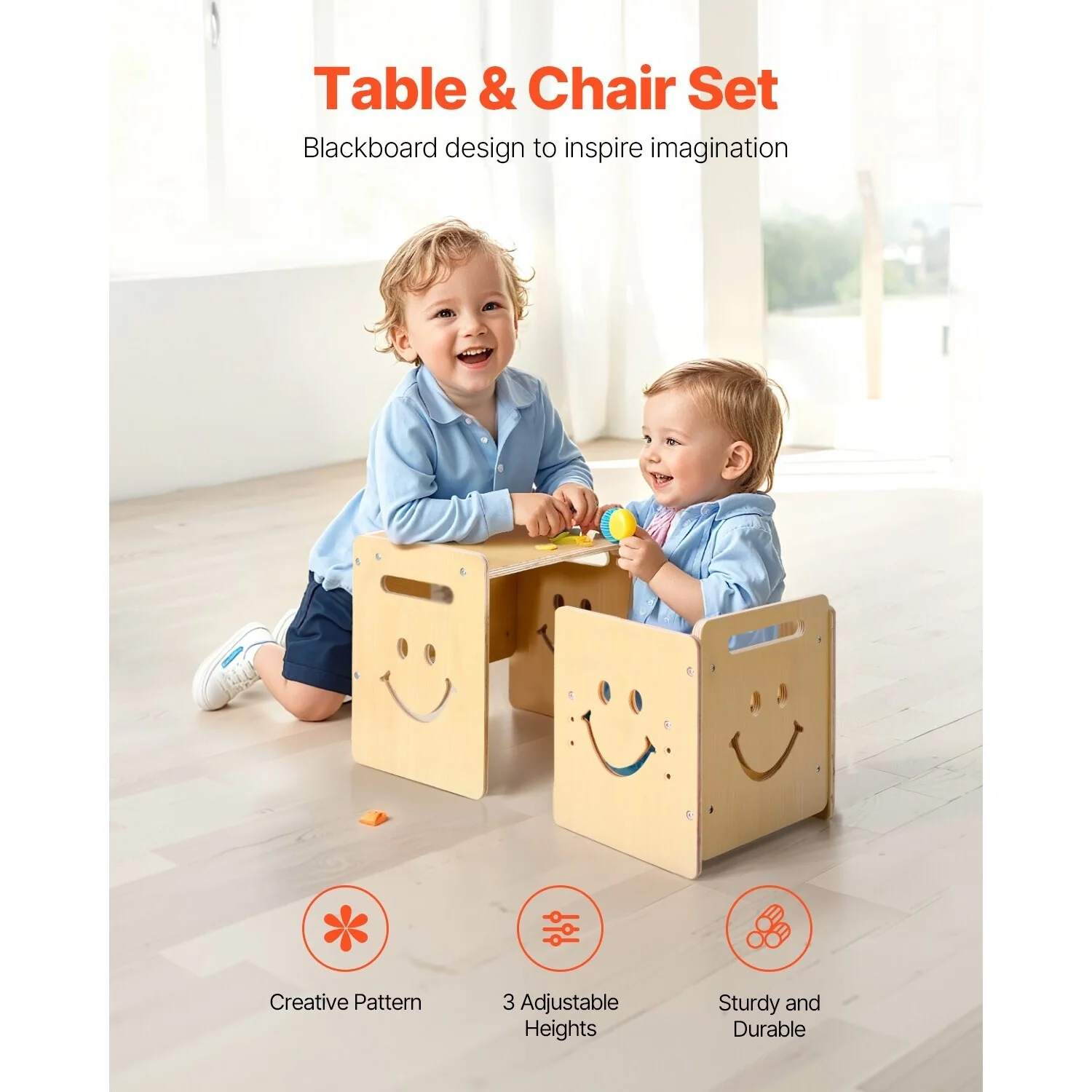 Natural Wood Poplar Montessori Table Set with Chalkboard & Adjustable Height - 16.7 x 11.8 x 15.2 in